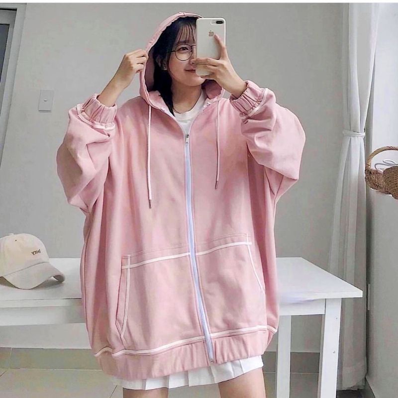 Áo Khoác Nỉ Khóa Zip Oversize Kẻ Viền Túi - Hoodie dáng thụng form rộng dài tay, kiểu dáng basic, thiết kế trẻ trung