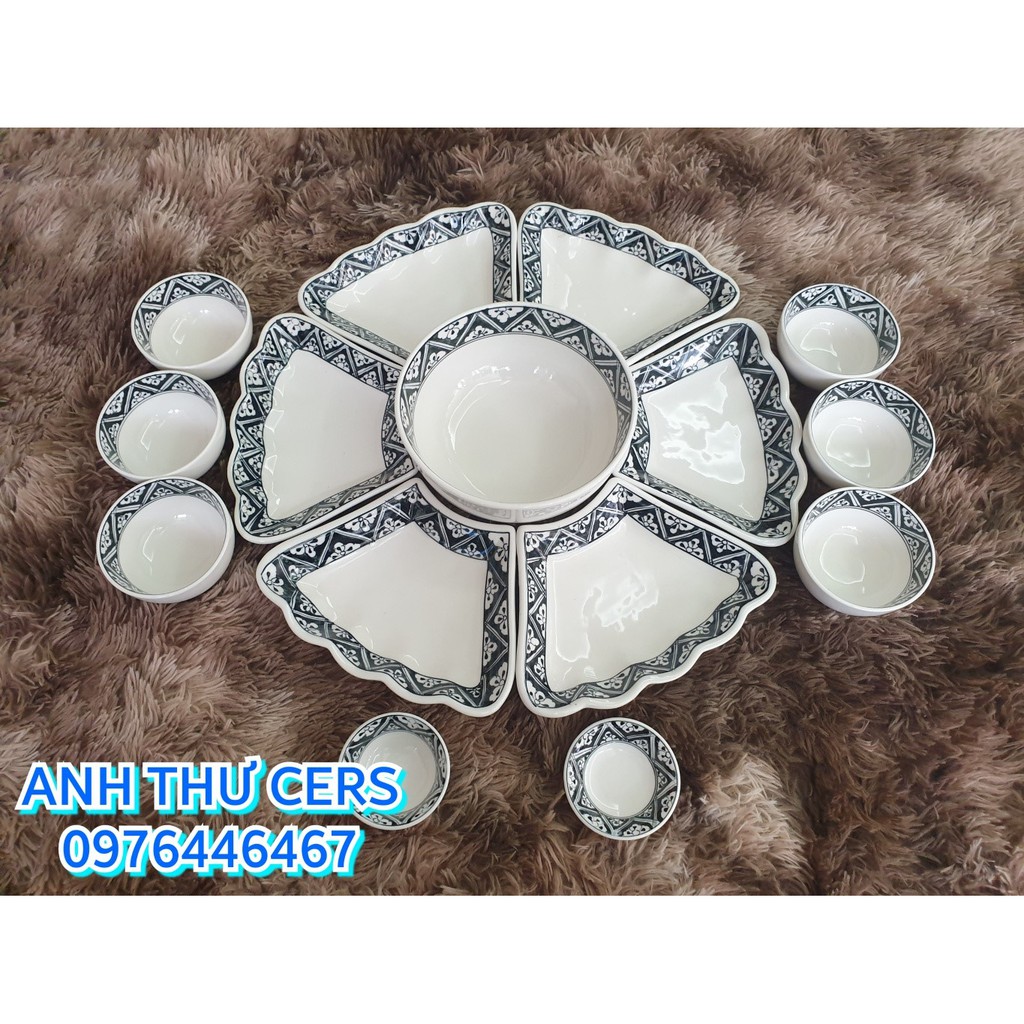 Bộ bát đĩa hoa mặt trời men gốm vẽ hoa màu xanh lam tràm Bát Tràng set bát đĩa hàng chuẩn loại 1 decor bàn ăn dễ thương