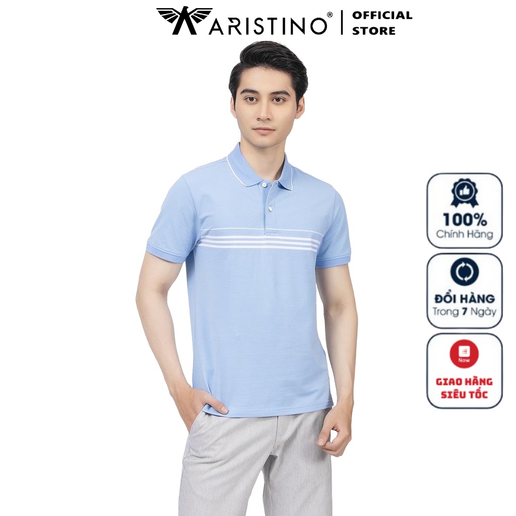 Áo Thun Polo Ngắn Tay Có Cổ Bẻ ARISTINO APS126S2 Áo Phông Nam màu xanh biển kẻ ngang dáng suông vừa vải cotton cao cấp