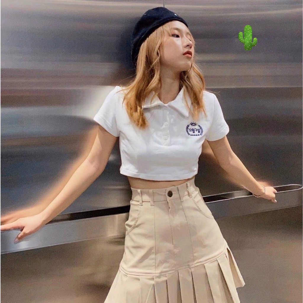 Áo thun croptop polo chữ Hàn tay ngắn năng động trẻ trung