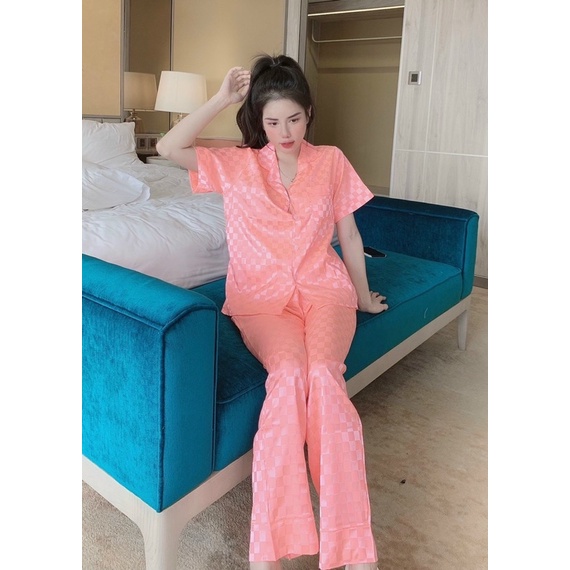 Set bộ mặc nhà nữ pijama tay ngắn quần dài lụa gấm freesize 40-60kg tùy chiều cao