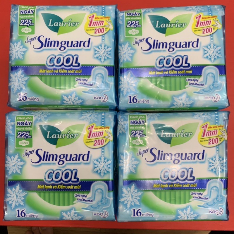 Combo 4 gói Băng Vệ Sinh Laurier Super Slimguard COOL mát lạnh &amp; kiểm soát mùi 22,5cm (gói 16 miếng)