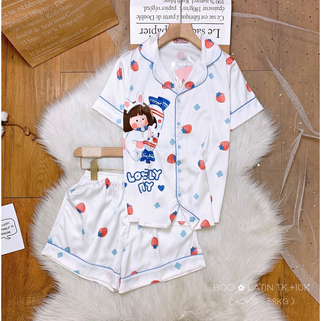 Đồ bộ nữ mặc nhà lụa latin cao cấp cổ pijama - Em bé ôm gối