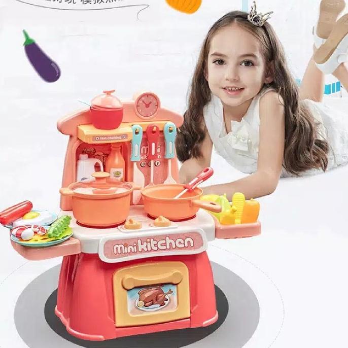 Bộ Đồ Chơi Nhà Bếp, Đồ Chơi Nấu Ăn Mini Kitchen 26 Món Màu Hồng Cam Có Phát Nhạc