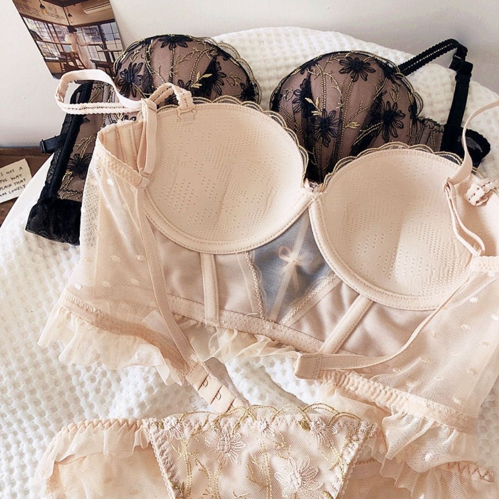 Áo bra nữ 2 dây ren hoa đính nơ sexy, Áo lót có gọng đệm mút nâng ngực tạo khe gợi cảm và quyến rũ DOPICO A1008
