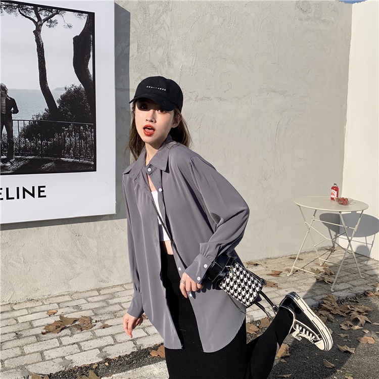 Áo sơ mi kiểu nữ Tay dài Form Dài rộng Ulzzang Hàn Quốc Sơ mi trơn nữ Dài tay Giấu quần Thời trang