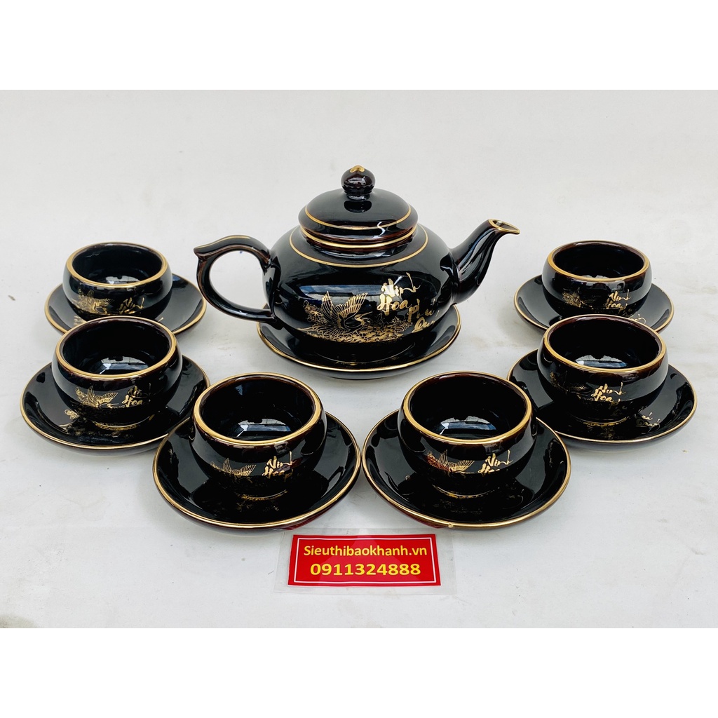 Bộ ấm chén men đen họa tiết Vinh Hoa Phú Quý Bát Tràng 350ml