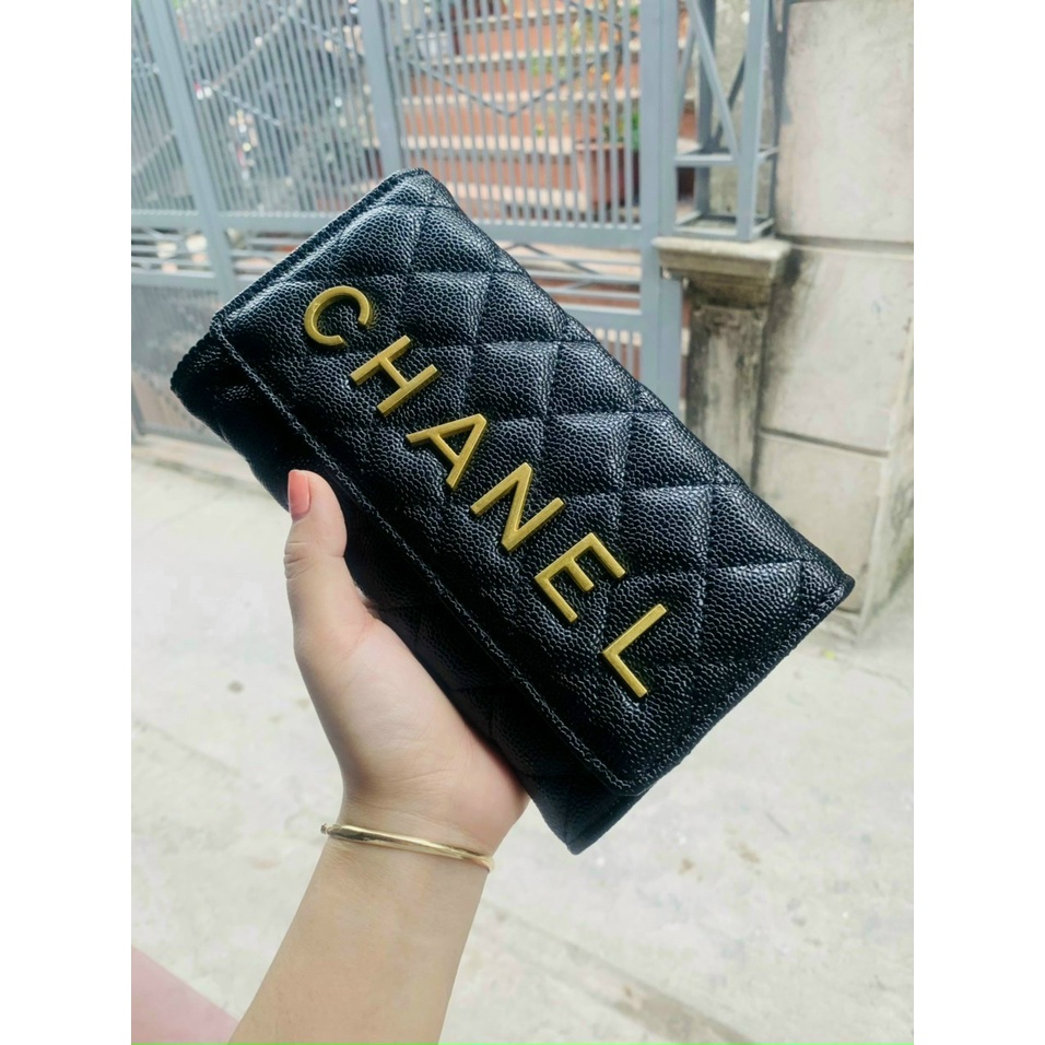 Ví cầm tay thời trang nữ logo chữ vàng có dây đeo chéo