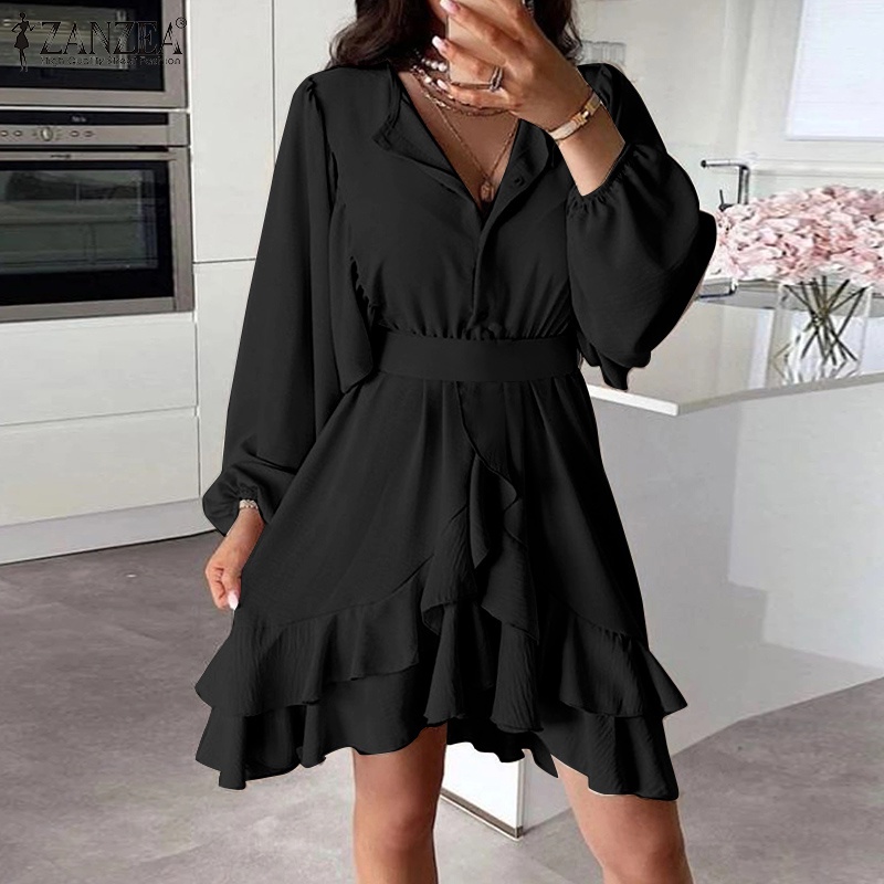 Đầm mini Zanzea cổ tròn tay phồng xếp ly thời trang cho nữ