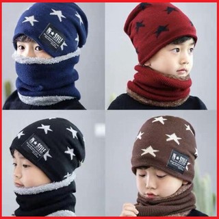 Set mũ khăn họa tiết sao cho bé, set mũ len kèm khăn ống cho bé