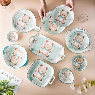 Bộ chén bát sứ, khay sứ Gấu Xanh ăm dặm dễ thương cho bé (tách lẻ)