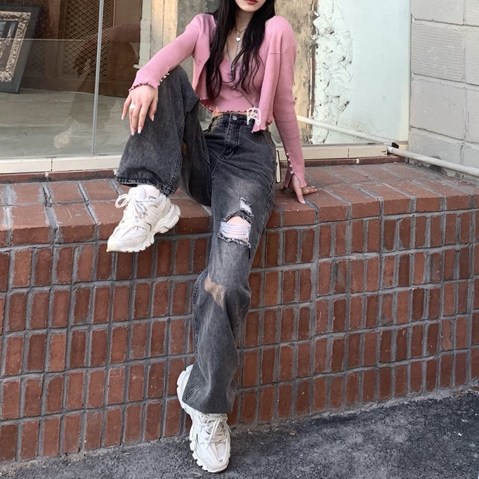 COZOKC Quần Jean Rách Lưng Cao Form Ôm Theo Phong Cách retro Dễ Phối Đồ