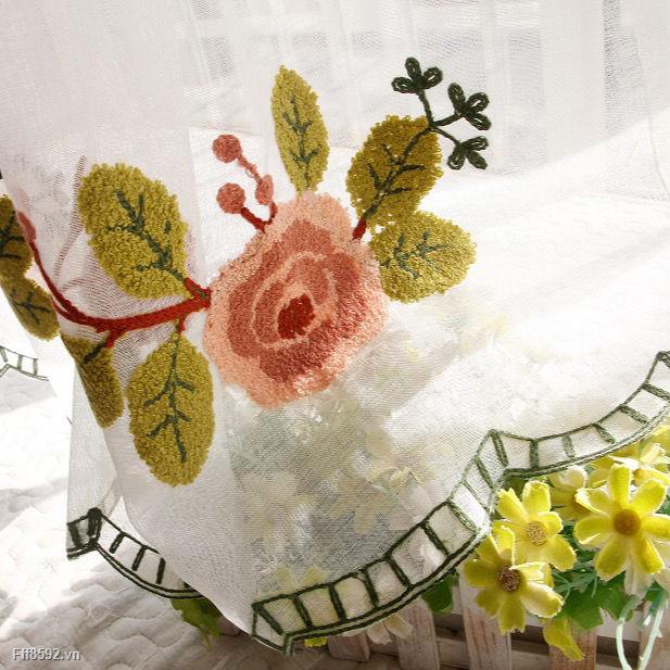 Rèm ngắn vải cotton pha thêu họa tiết trang trí nhà bếp quán cà phê