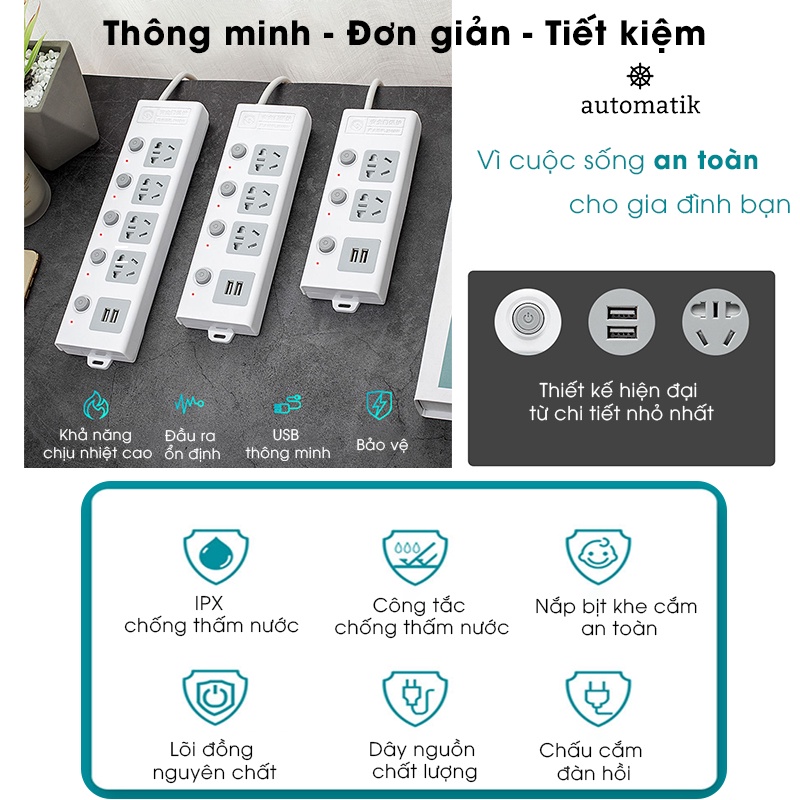Ổ Cắm Điện Thông Minh Đa Năng Chống Giật, Treo Tường, cổng USB, Chống Cháy An Toàn, Tiết Kiệm-Automatik