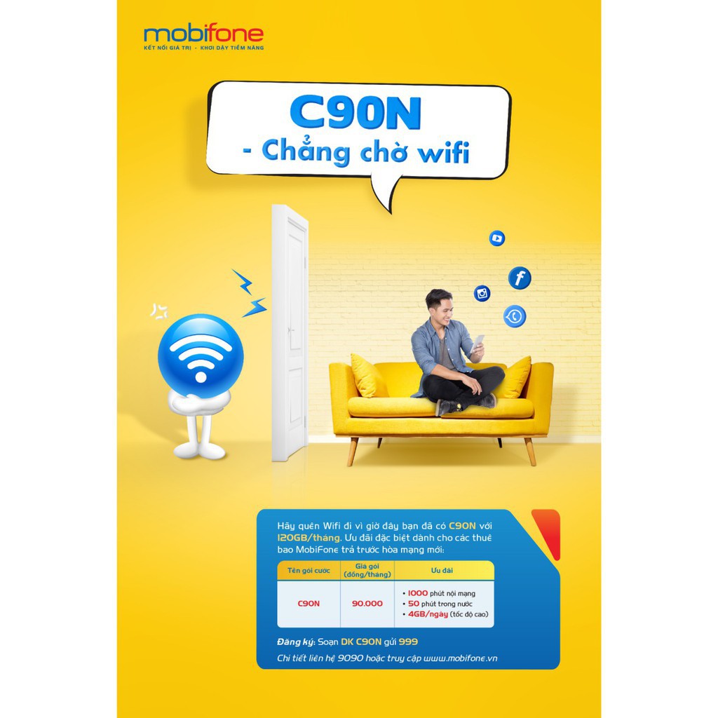  Sim 4G nghe gọi Mobifone gói C90N, trọn gói 1 năm không nạp tiền, miễn phí 1.440Gb data.