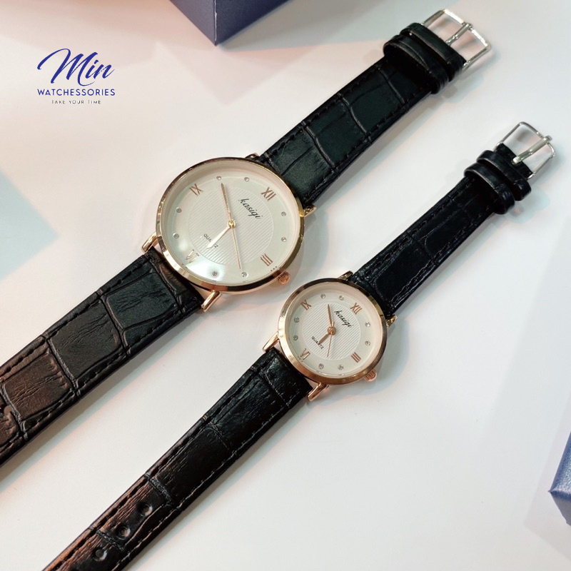 Đồng Hồ Đôi Nam Nữ Dây Da KASAGI ĐEN Đồng Hồ Cặp Cá Tính Min Watchessories Size 28mm size 38mm D01
