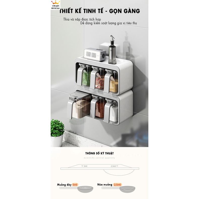 Hộp Đựng Gia Vị Dán Tường Nhà Bếp - YouQin, Bộ 3 Hộp, Chất Liệu Nhựa, Dán Keo Siêu Chắc, Không Khoan Tường