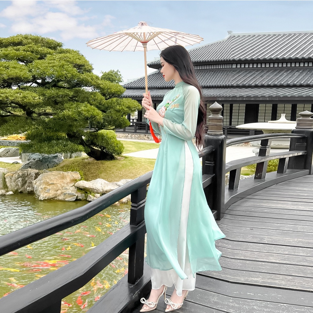 Áo dài cách tân đính hoa Giian, áo dài kim sa chất voan nhẹ bốn tà nhẹ nhàng - AD307