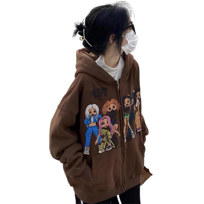 Áo hoodie zip kéo khoá thu đông màu nâu in hình hoạt hình vải dày mịn Nhungkudostore
