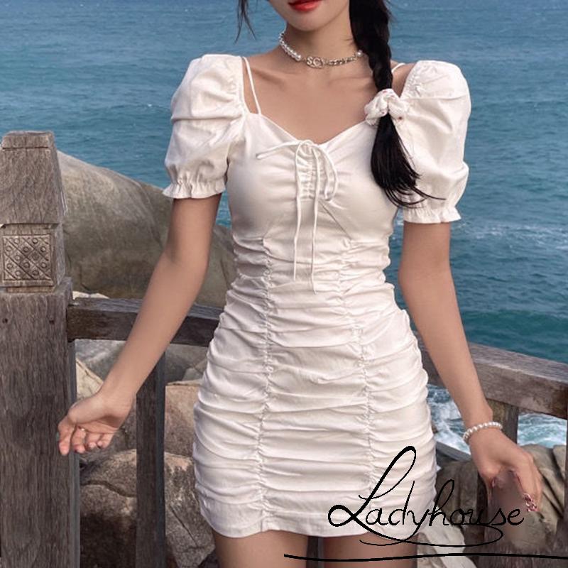 Đầm ngắn tay phồng màu trơn phối dây rút thời trang mùa hè quyến rũ cho nữ