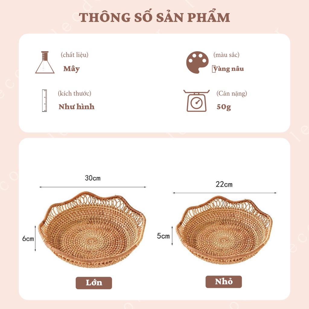 Khay mây hình tròn đựng thức ăn phụ kiện đẹp, rỗ mây đựng đồ trang trí, phụ kiện chụp ảnh decor -LEODEN DECOR