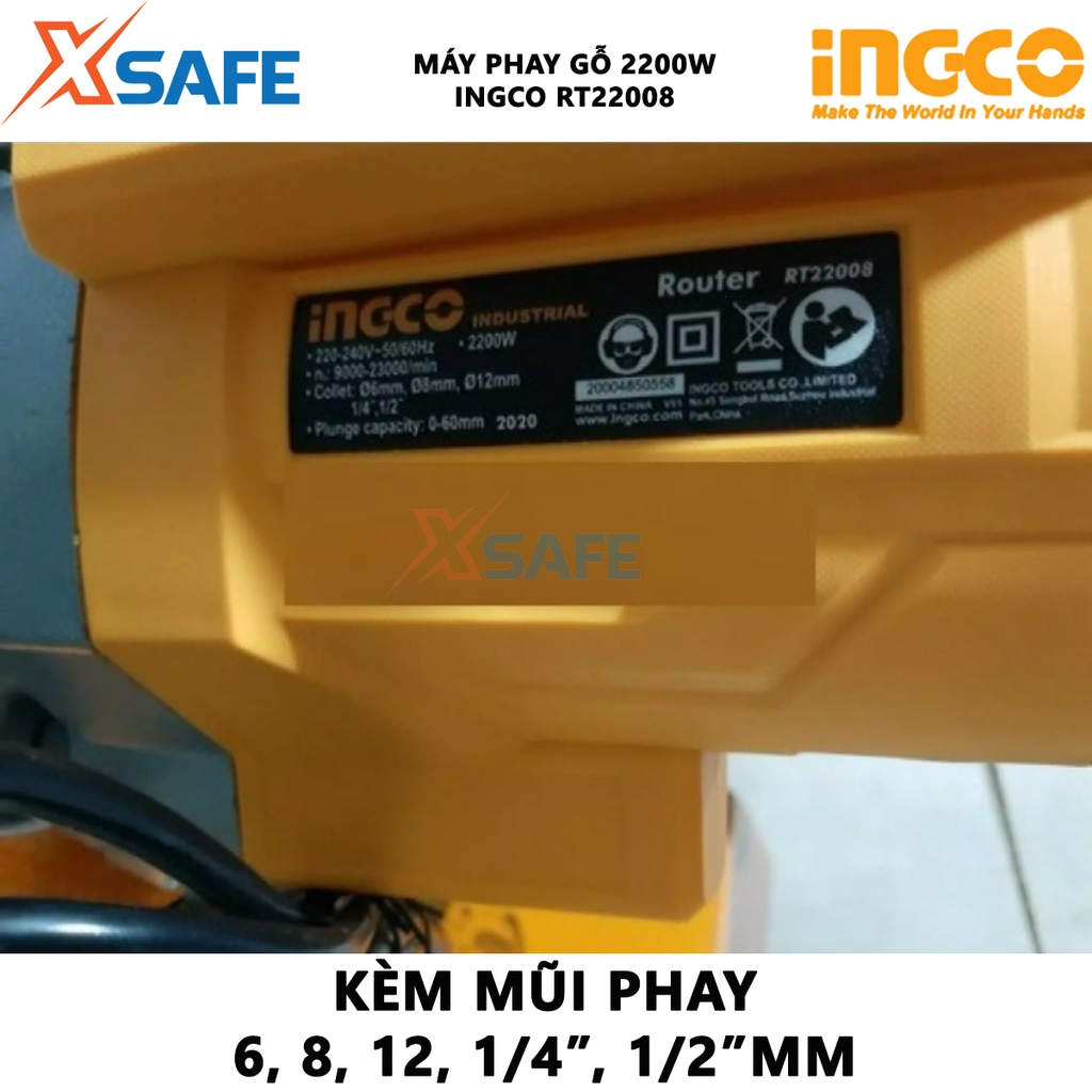 Máy phay gỗ INGCO RT22008 Máy soi gỗ 2200W, tốc độ không tải 9000-23000rpm, 0-60mm cắt mộng, cắt rãnh, khoét lỗ