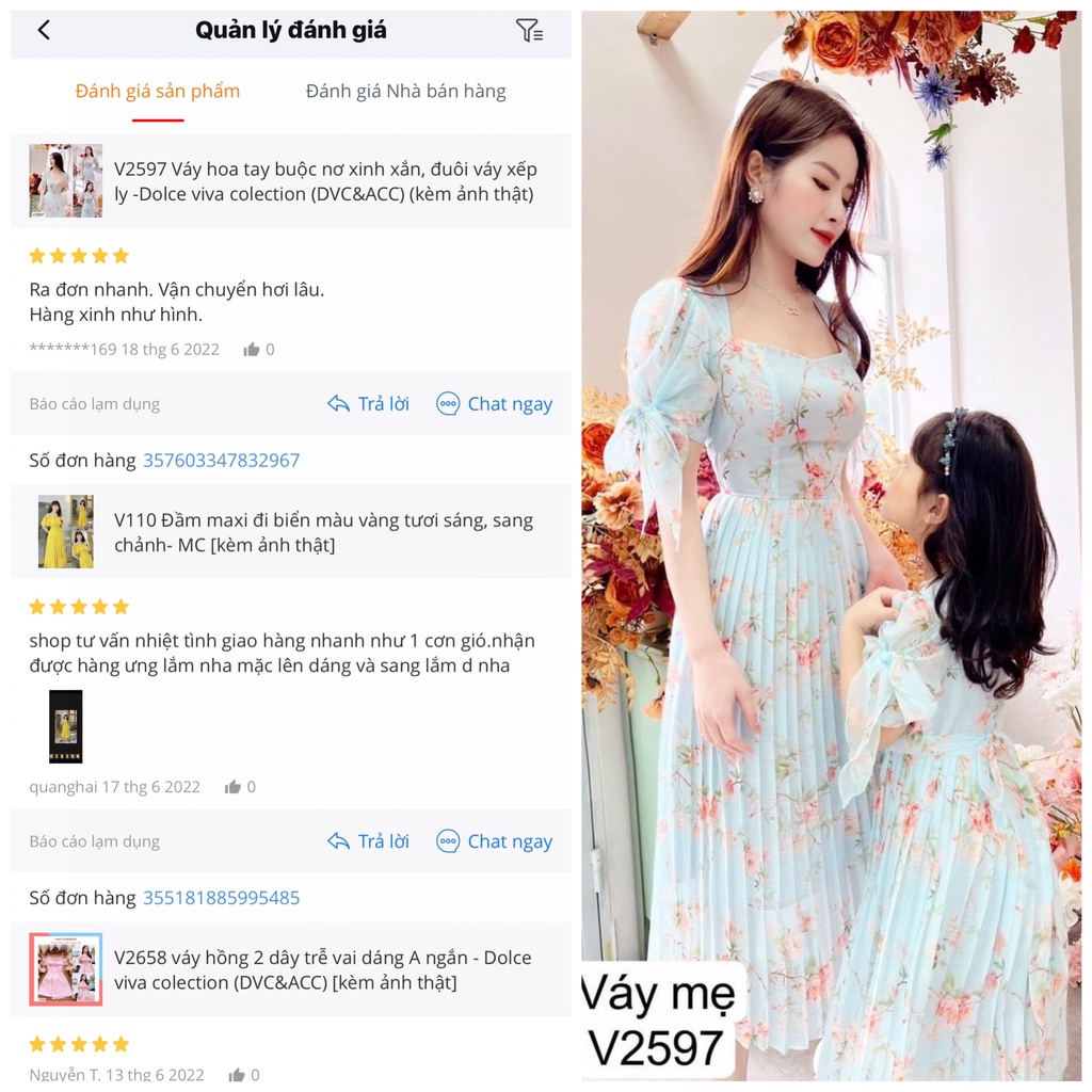 V2597, vc5 set váy voan hoa nhí mẹ và bé xanh mint dáng dài dập ly cổ tim đi biển -  Dolce viva colection