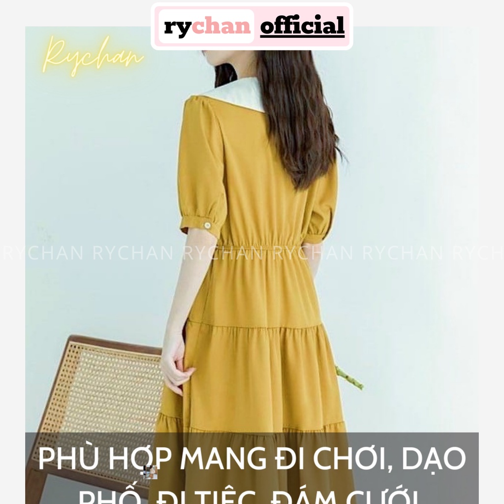 Đầm Midi Xòe Nhún Tầng Màu Vàng Cổ Lá Cột Eo - DX0150