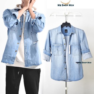 Áo Sơ Mi Nam, Sơ Mi Denim Xanh Nhạt Form Rộng Rách Tinh Tế Bụi Bặm Nam Tính