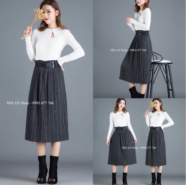 Chân váy dạ dài qua gối dập ly nhỏ nhũ và trơn ko nhũ