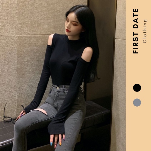 Áo thun dài tay thu đông trễ vai sexy body FIRST DATE phong cách Hàn Quốc gợi cảm