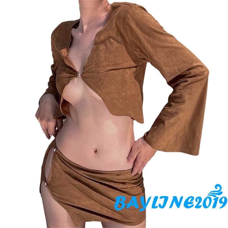 Set áo cardigan tay dài và chân váy bó ngắn eo thấp phối móc khóa thời trang gợi cảm dành cho nữ