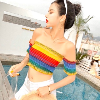Áo Croptop bẹt vai nhiều màu (Ảnh thật) - Áo cầu vồng