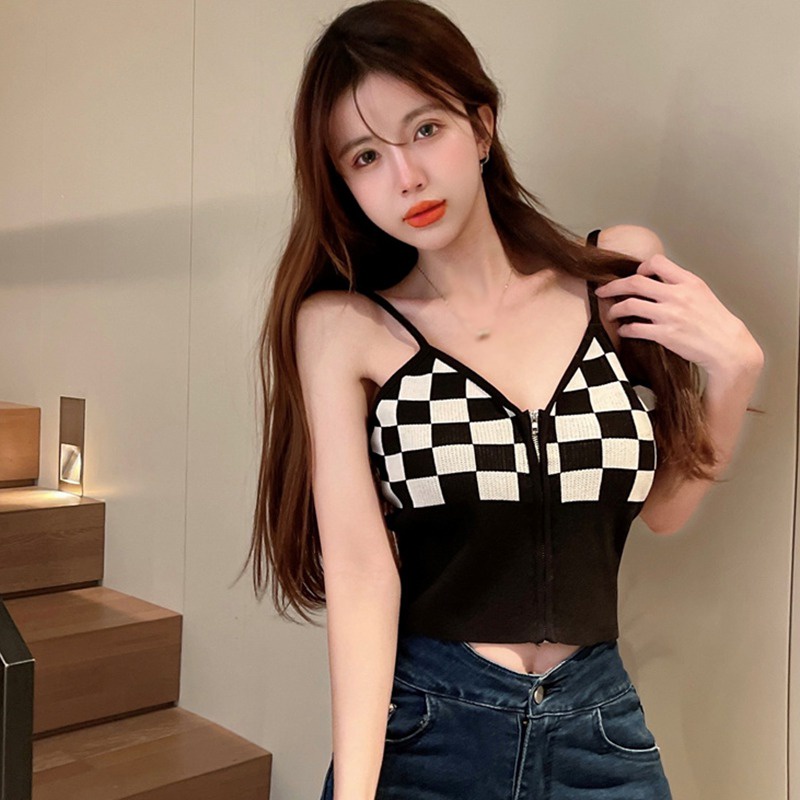 Áo Croptop Không Tay Cổ Chữ V Họa Tiết Sọc Caro Siêu Nhẹ Thiết Kế Khóa Kéo Thời Trang Cho Nữ