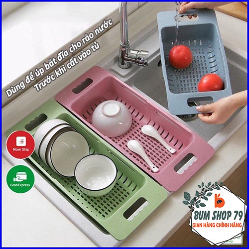 Rổ nhựa chữ nhật gác bồn rửa chén điều chỉnh kích thước tiện dụng, Rổ rửa rau củ quả co giản gác bồn rửa chén cao cấp