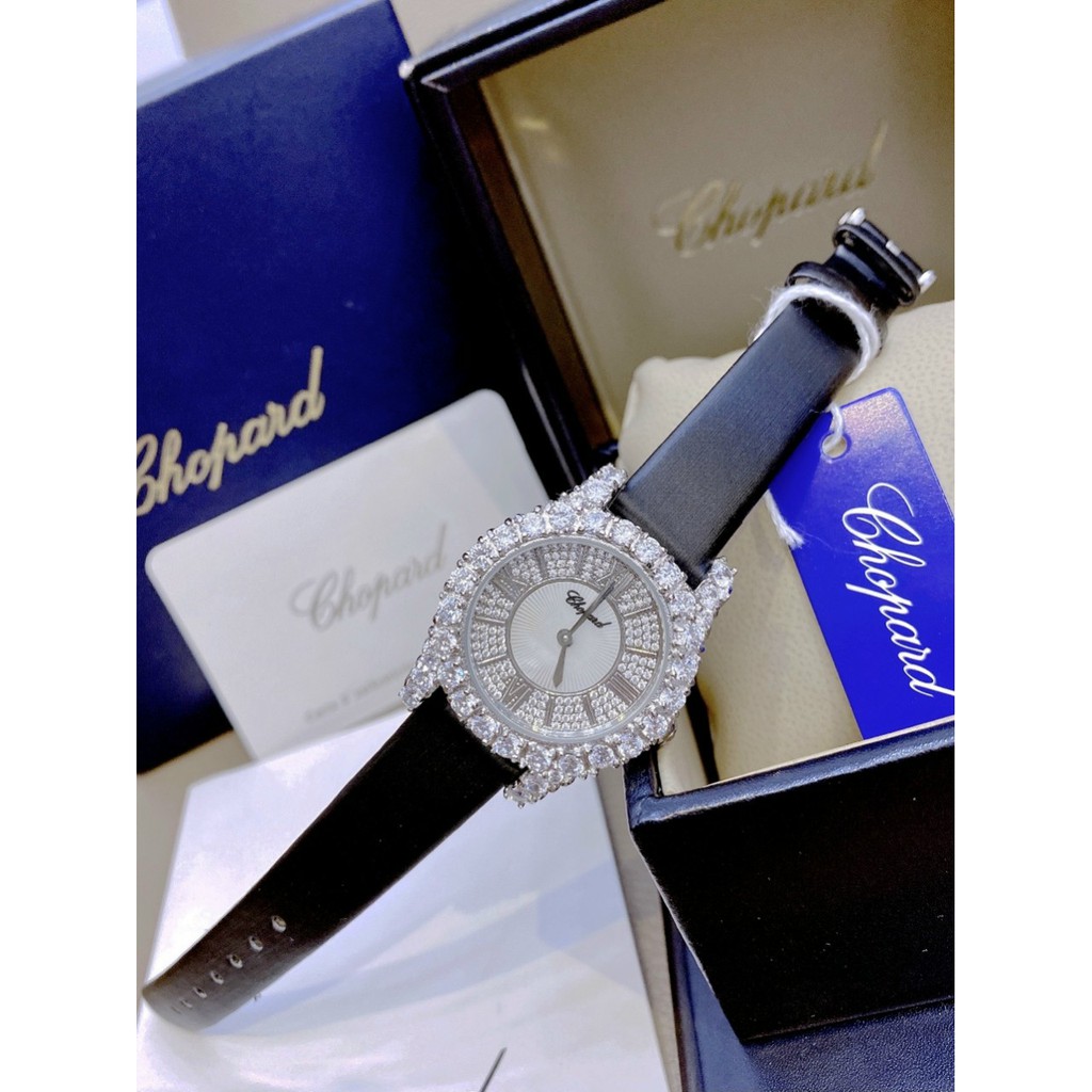 Đồng hồ nữ dây da, đồng hồ đeo tay chính hãng CHOPARD full box mặt đính kim cương nhân tạo Swarovski siêu cao cấp