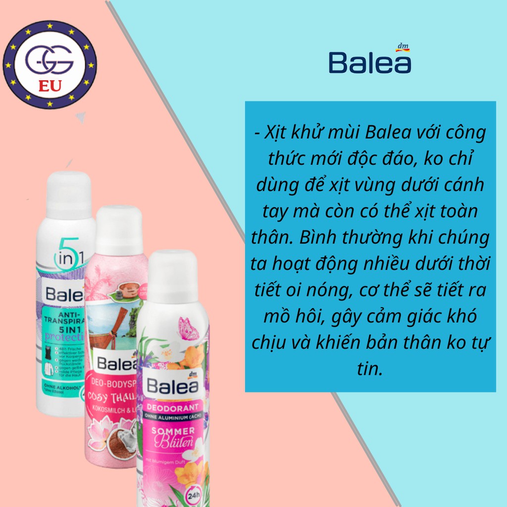 Xịt khử mùi Balea lưu hương thơm lâu, chiết xuất thiên nhiên, 150ml Hàng nội địa Đức, GGEU