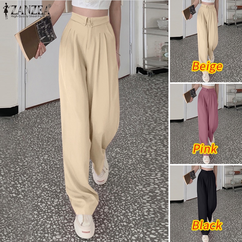 Quần dài ZANZEA ống đứng màu trơn phong cách Hàn Quốc thời trang xinh xắn cho nữ