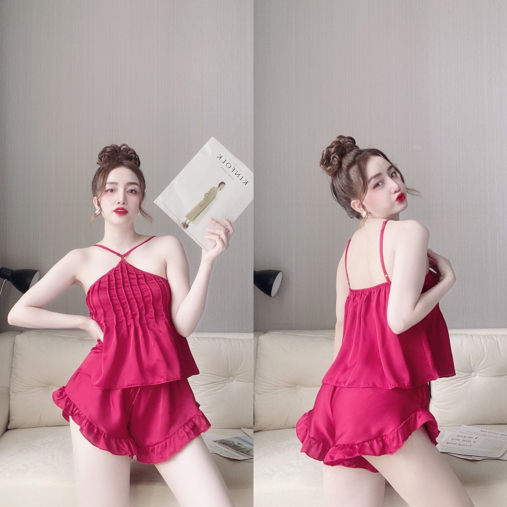 Đồ Ngủ Sexy, Đồ Ngủ 2 Dây Cổ Yếm Xếp Ly Lụa Satin Mặc Mát Mềm Thoải Mái Freesize - Linqustore