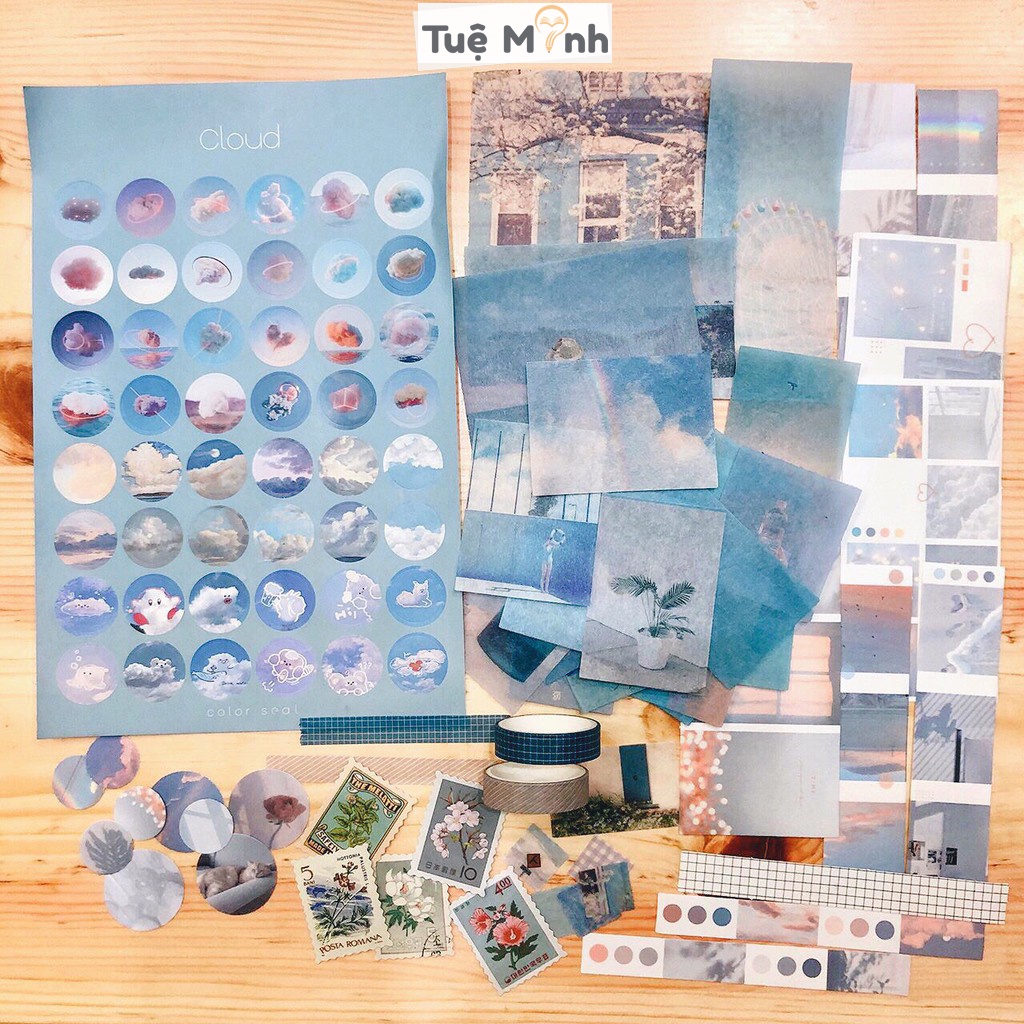 Trọn bộ phụ kiện Bullet journal Blue gồm sticker, washi tape trang trí sổ, planner Luv107