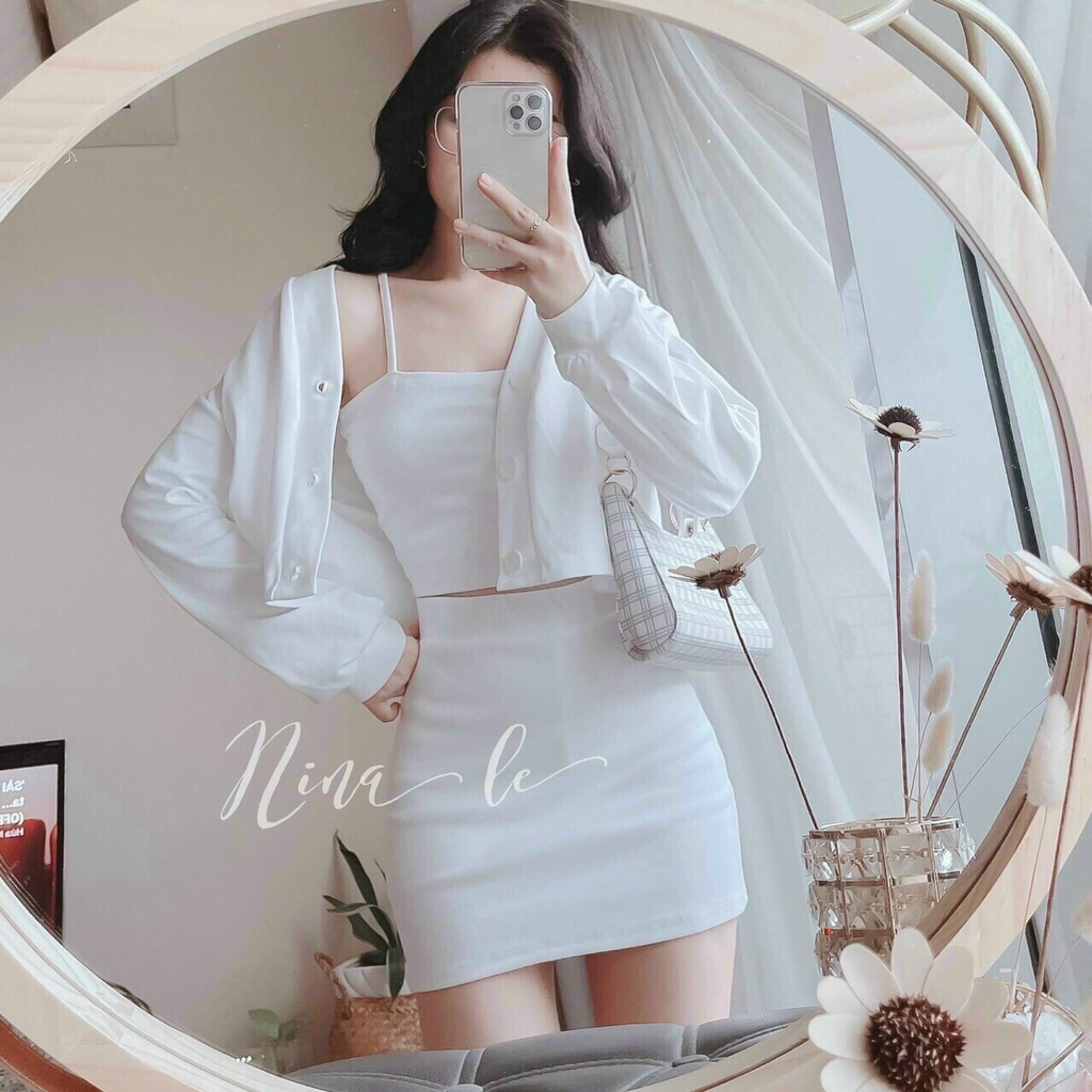 Set ba món áo hai dây kèm khoác cardigan chân váy tôn body