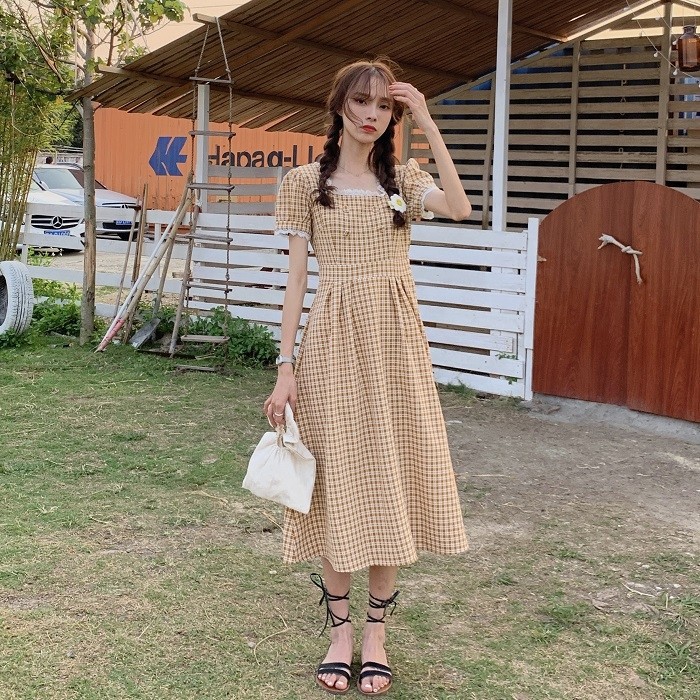 Đầm Caro Tay Ngắn Thời Trang Dành Cho Nữ