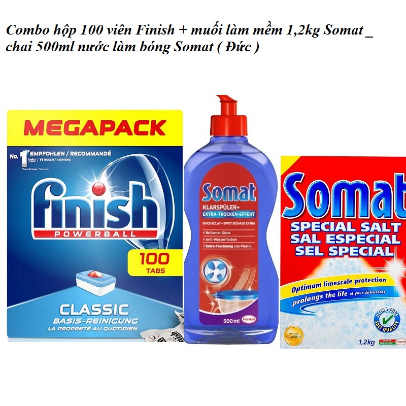 Combo viên rửa bát Finish hộp 100+ muối làm mềm nước Somat hộp 1,2kg + chai nước làm bóng Somat 500ml