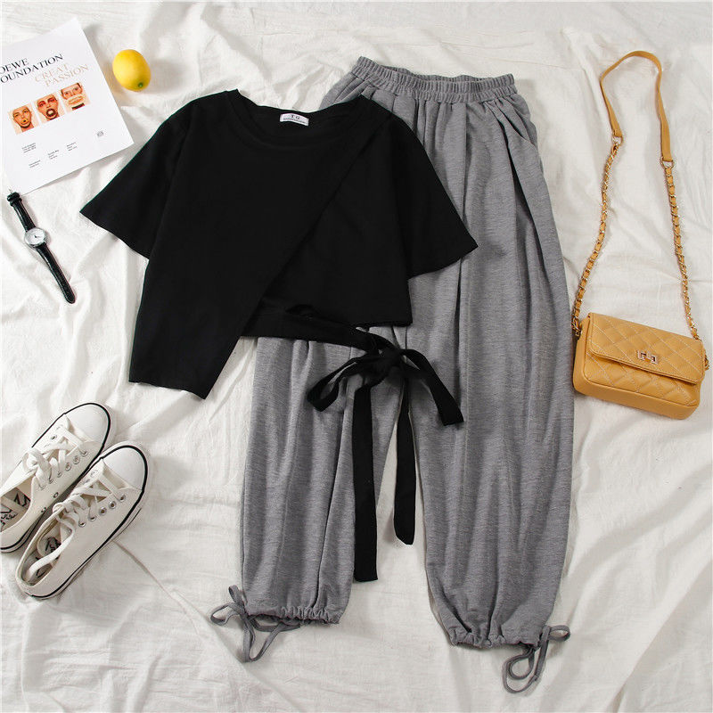 Single / Suit Student 2021 Summer New Age Reducing Short Asymmetric Short T-shirt + Lace Up Straight Pants