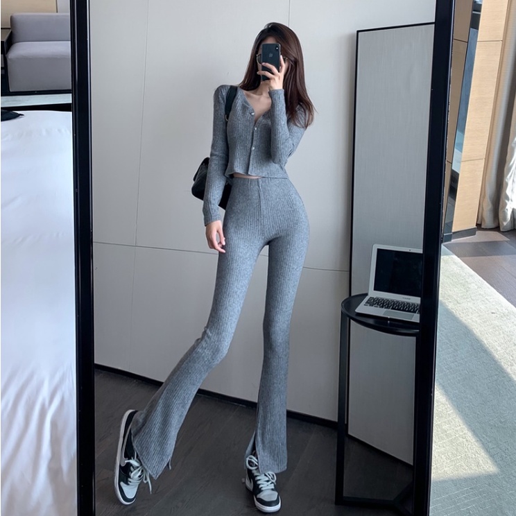 Chân Siêu Dài Hot Girl Quần Dài Gợi Cảm Quần Micro-Flared Thiết Kế Quần Slit loe Ôm Hơn Nhìn Kaki Quần Thường Ngày Quần Dệt Kim Quần Dài Tầng Drape Sàn-