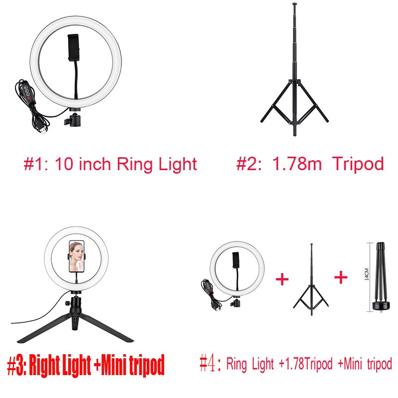 For Youtube Video Studio 10 inch Dimmable 3 Light Modes LED Ring Lamp Selfie Light +1.78 Tripod +Mini Metal Tripod Photography Video Makeup Fill light