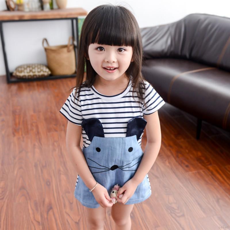 Đầm phối vải denim tay ngắn kẻ sọc họa tiết hoạt hình dành cho bé gái 2-7 tuổi