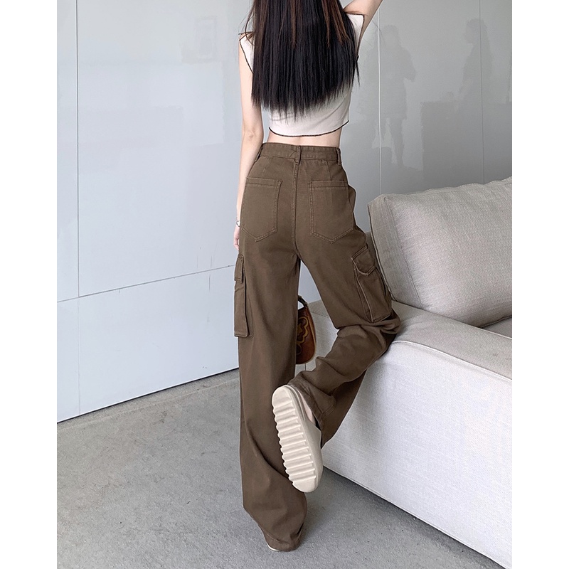 Quần Denim Lưng Cao Ống Rộng Phối Túi Cá Tính Dành Cho Nữ