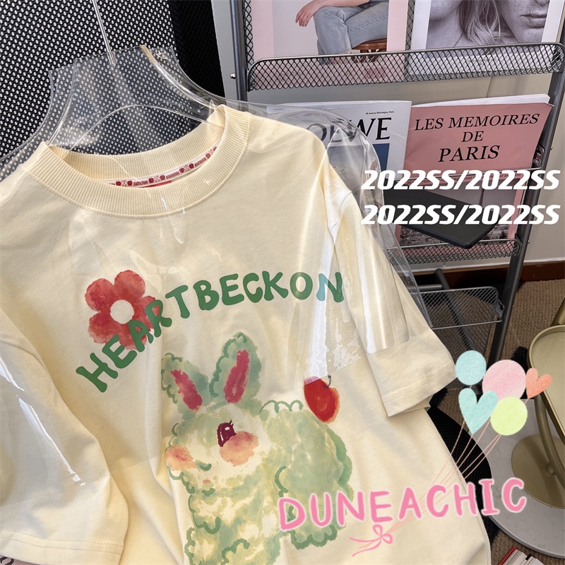 DUNEA Áo Thun Tay Ngắn Cổ Tròn Dáng Rộng In Chữ Và Hoạt Hình Xinh Xắn Cho Nữ