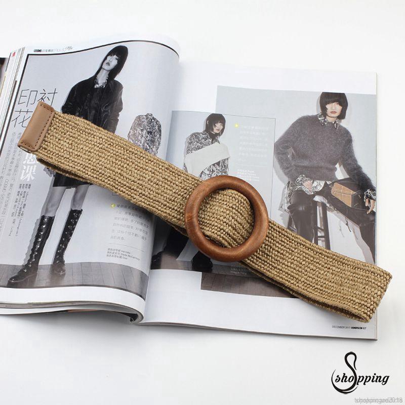 Thắt lưng bện dây co giãn phối khóa gỗ cho nữ